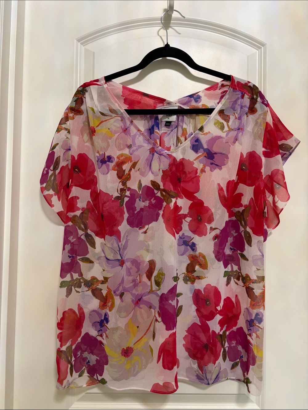CAbi passion top. Pink Multi Floral V-Neck Chiffon Blouse